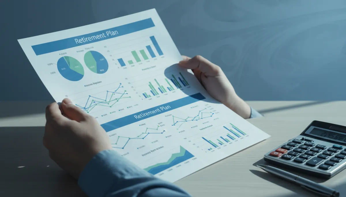 Hands reviewing printed retirement plan with charts and timelines Hands reviewing printed retirement plan with charts and timelines