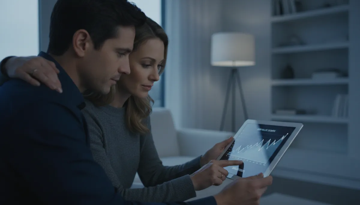 Couple reviewing indexed universal life cash value projections on a tablet Couple reviewing indexed universal life cash value projections on a tablet