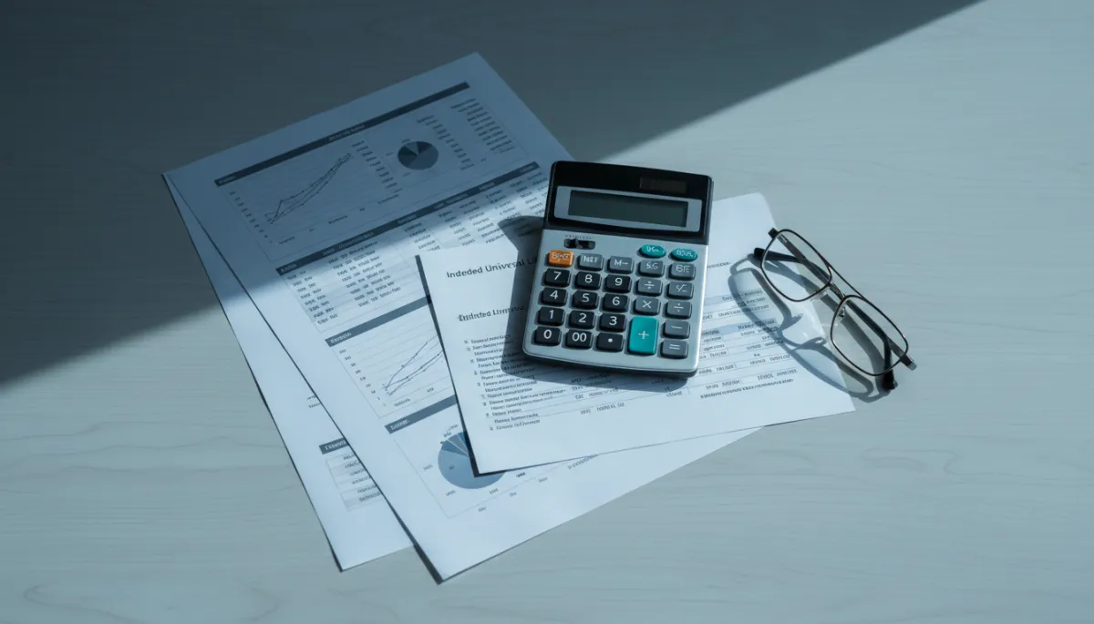Desk with financial planning documents including an Indexed Universal Life report