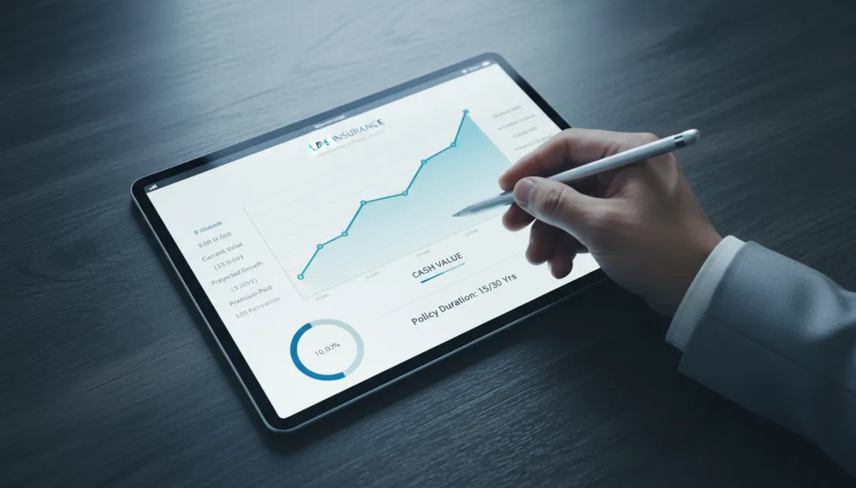 Tablet displaying an Indexed Universal Life policy cash value growth chart