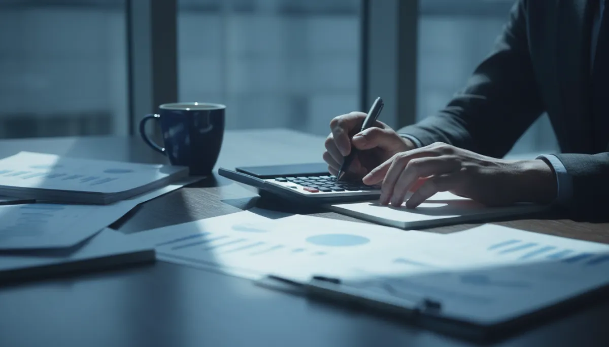 Person calculating life insurance coverage needs with documents and calculator Person calculating life insurance coverage needs with documents and calculator