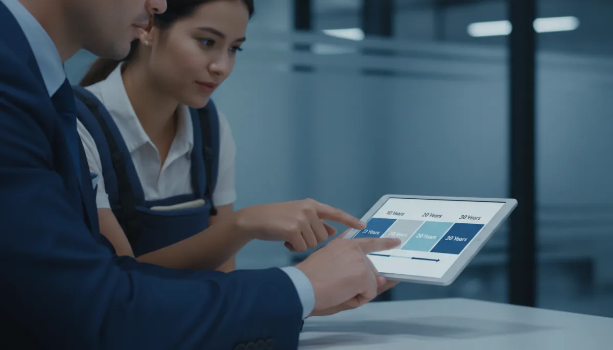 Advisor explaining term life insurance policy durations on a digital tablet Advisor explaining term life insurance policy durations on a digital tablet