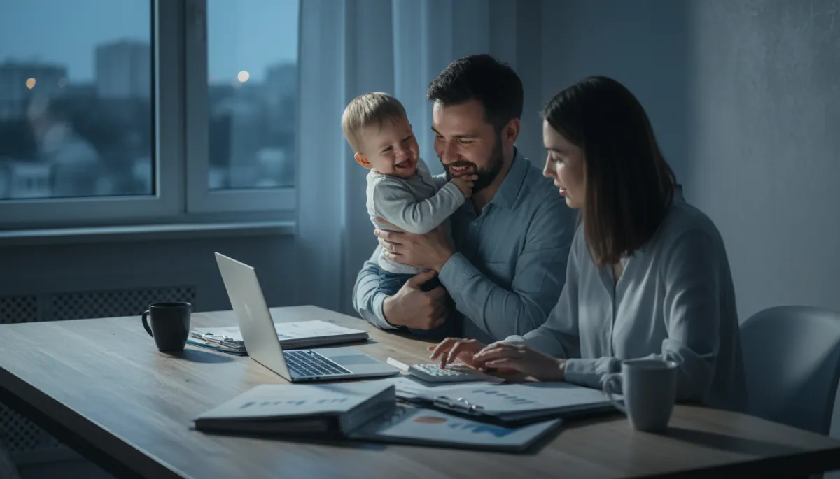 Parents budgeting at home while holding their young child Parents budgeting at home while holding their young child