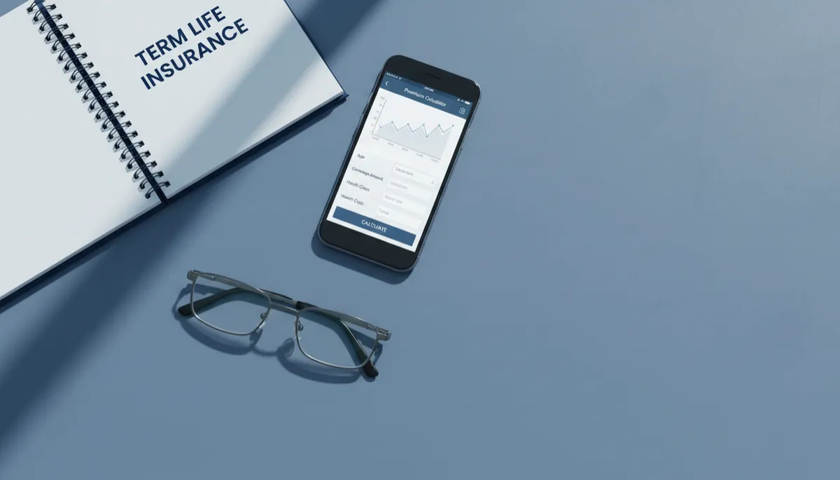Desk with term life insurance notes and premium calculator app Desk with term life insurance notes and premium calculator app