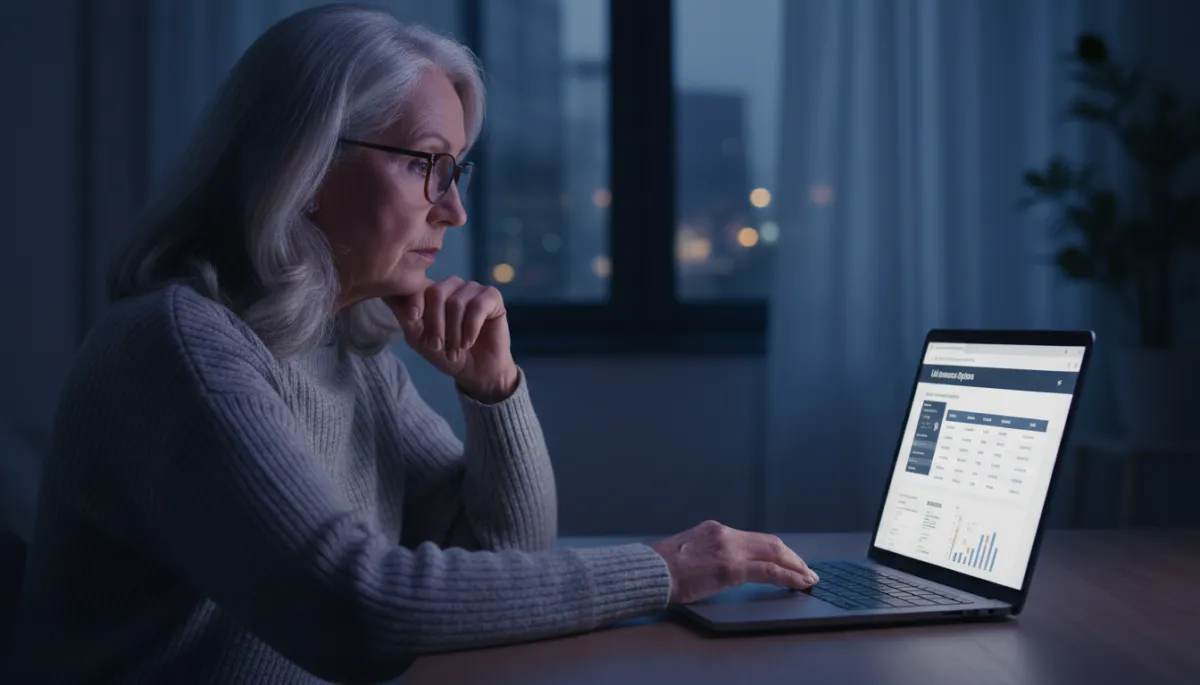 Senior woman researching life insurance types on a laptop Senior woman researching life insurance types on a laptop