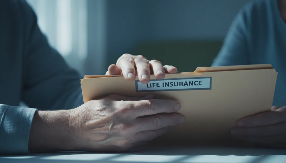 Senior and adult child reviewing life insurance documents together Senior and adult child reviewing life insurance documents together
