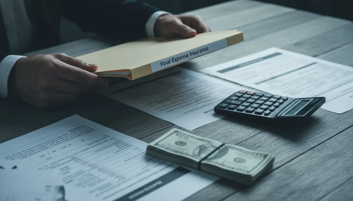 Final expense insurance documents and calculator on table