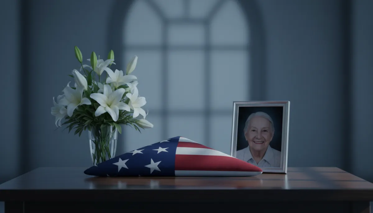 Funeral arrangement with flowers and framed photograph