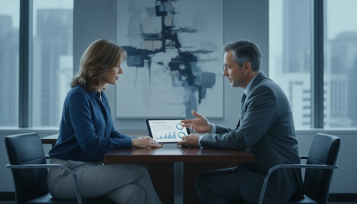 Middle-aged woman discussing final expense insurance with a financial advisor