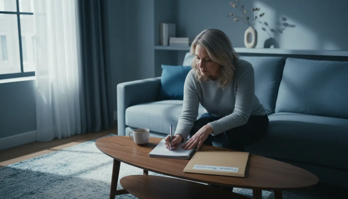 Woman organizing funeral planning details and documents at home