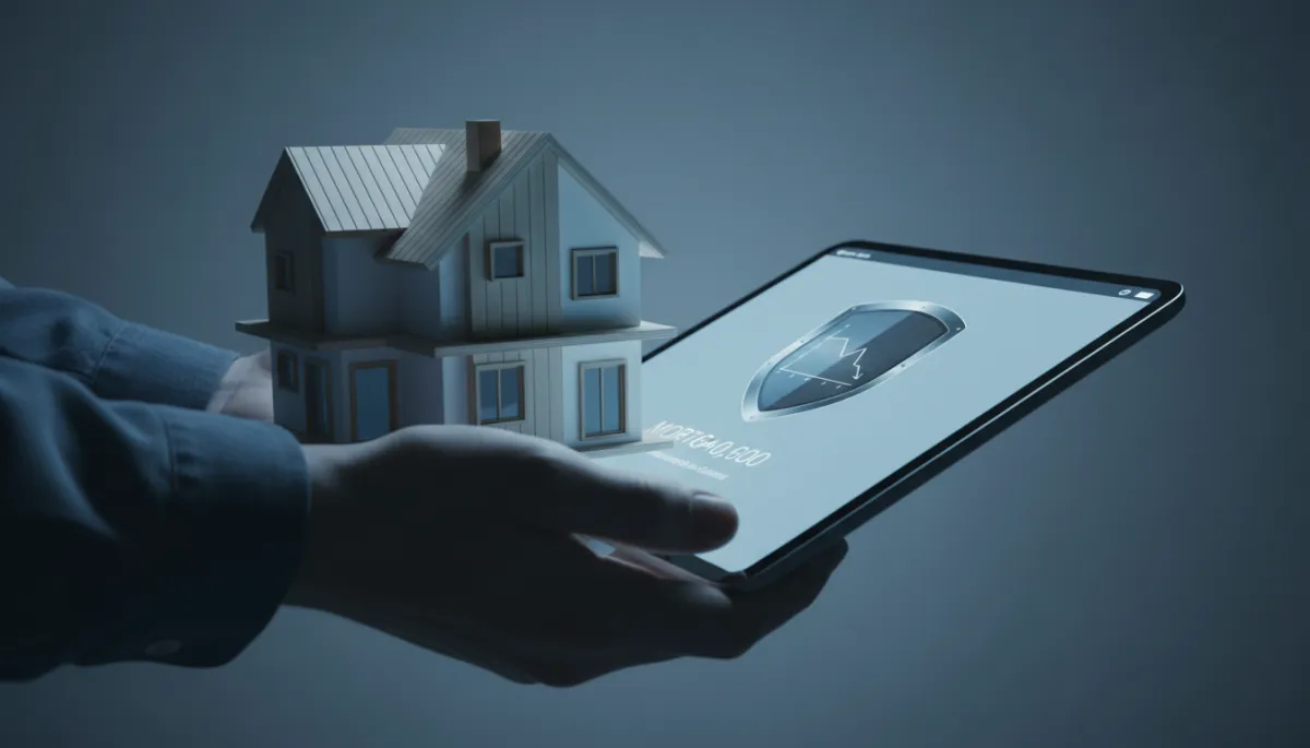 Hands holding a house model symbolizing mortgage protection insurance in cool blue-grey tones