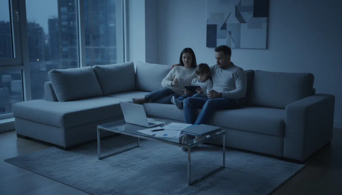 Family relaxing at home after arranging life insurance and mortgage protection in a cool-toned living room