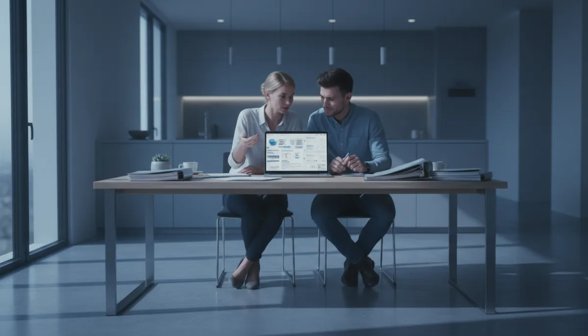 Couple reviewing mortgage protection insurance options at their kitchen table Couple reviewing mortgage protection insurance options at their kitchen table