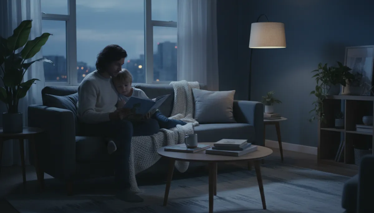 Parent reading to a child in a cozy living room, representing home stability Parent reading to a child in a cozy living room, representing home stability
