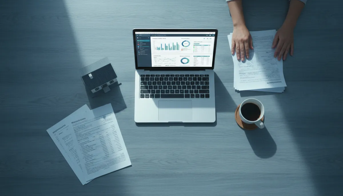 Homeowner organizing mortgage and insurance documents as part of a financial plan Homeowner organizing mortgage and insurance documents as part of a financial plan