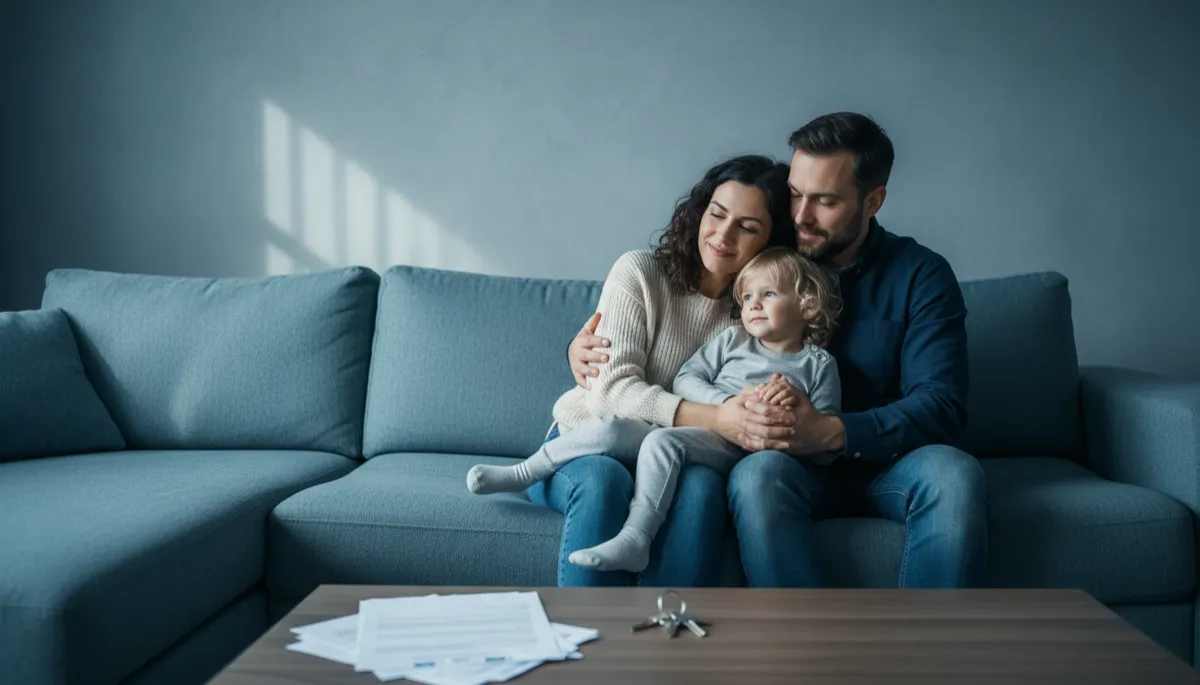 Family sitting together looking relieved after securing mortgage protection insurance Family sitting together looking relieved after securing mortgage protection insurance