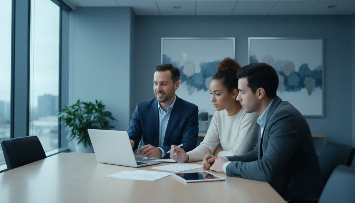 Financial advisor discussing mortgage protection options with homeowners Financial advisor discussing mortgage protection options with homeowners