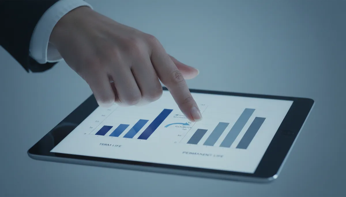 Advisor comparing term and permanent life insurance options on a tablet Advisor comparing term and permanent life insurance options on a tablet