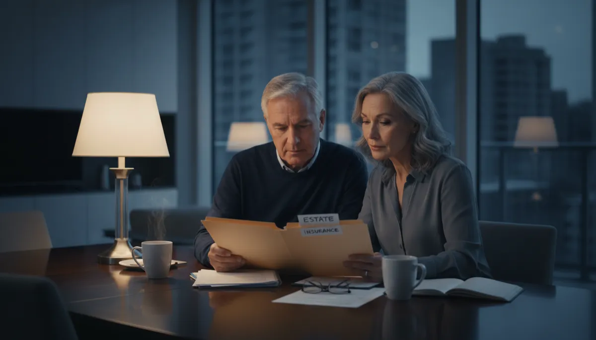 Mature couple reviewing estate and life insurance documents at home Mature couple reviewing estate and life insurance documents at home