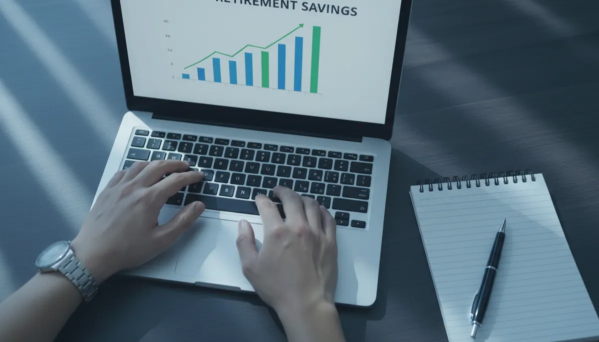 Person tracking retirement savings growth on a laptop Person tracking retirement savings growth on a laptop