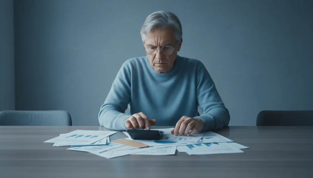 Person organizing bills and planning to pay down debt before retirement Person organizing bills and planning to pay down debt before retirement