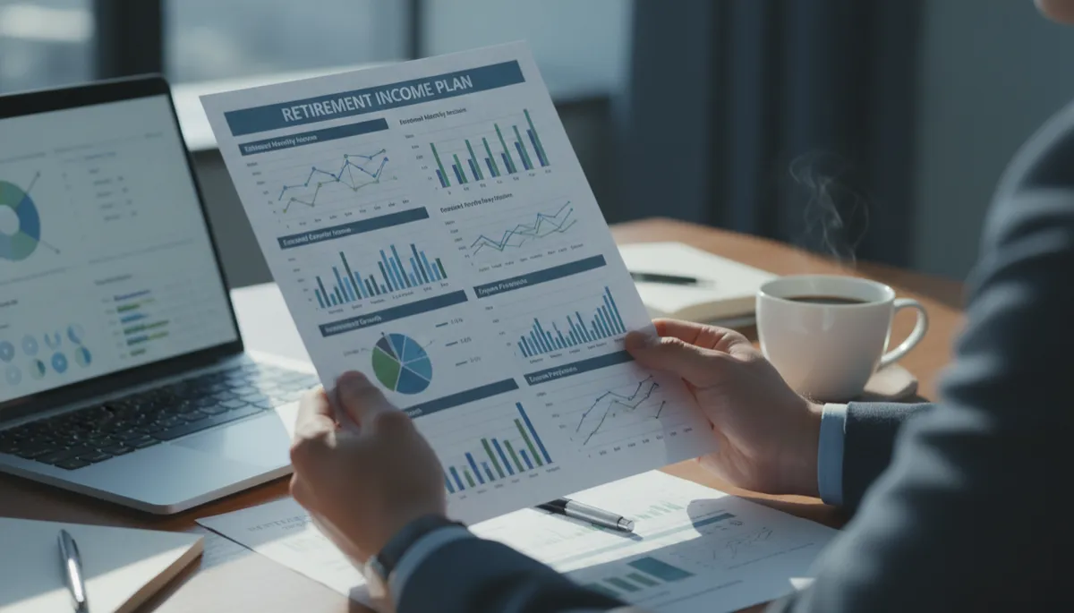 Printed retirement income plan showing charts and projections on a desk Printed retirement income plan showing charts and projections on a desk
