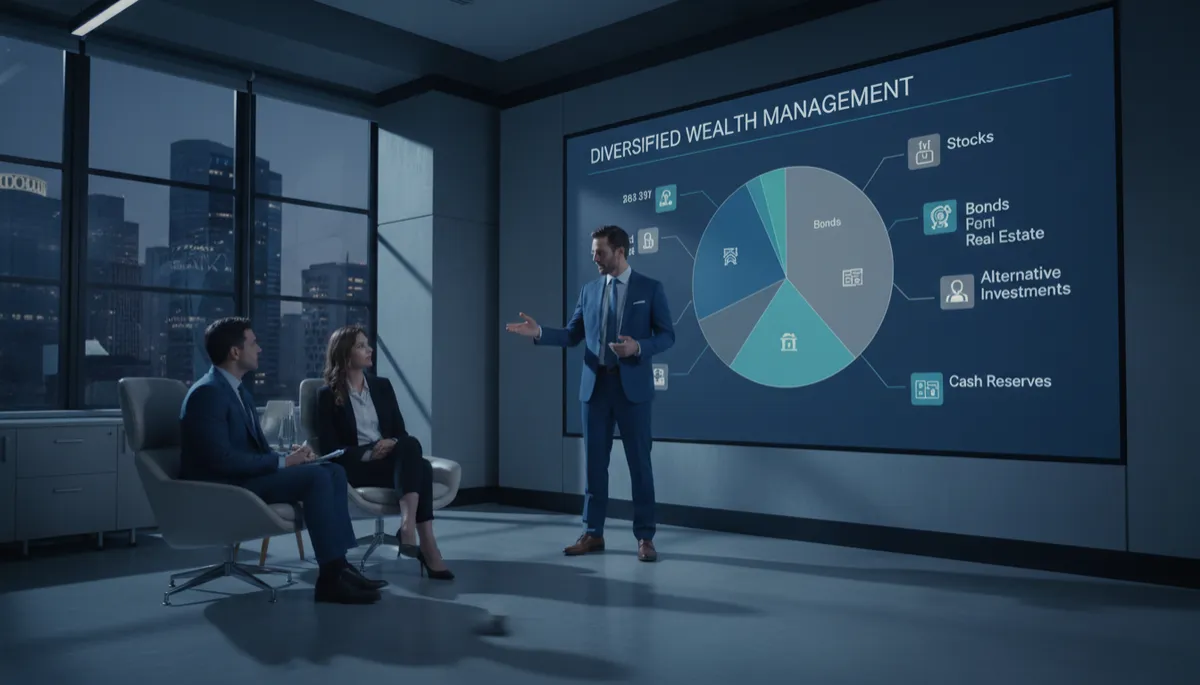 Advisor explaining a diversified wealth management plan to a couple Advisor explaining a diversified wealth management plan to a couple