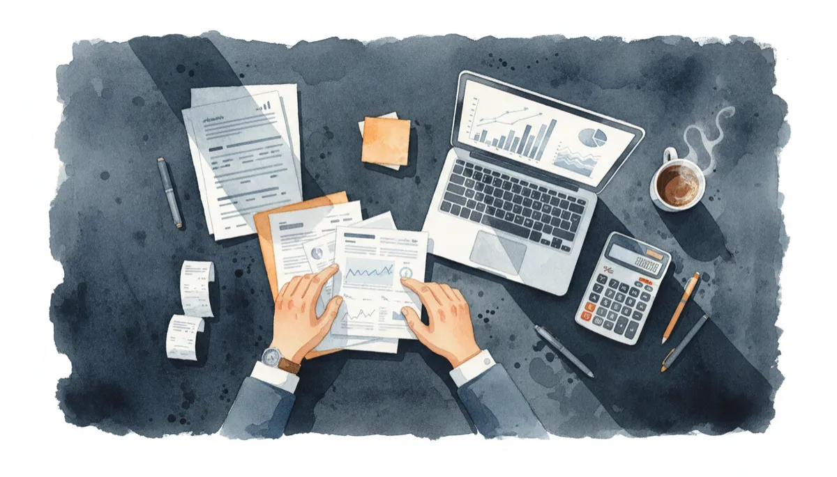 Person organizing financial documents and investment charts on a desk Person organizing financial documents and investment charts on a desk