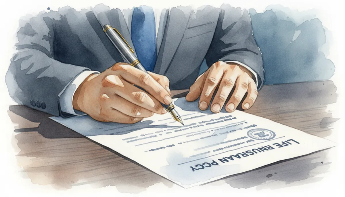 Person reviewing a life insurance policy document at a desk Person reviewing a life insurance policy document at a desk