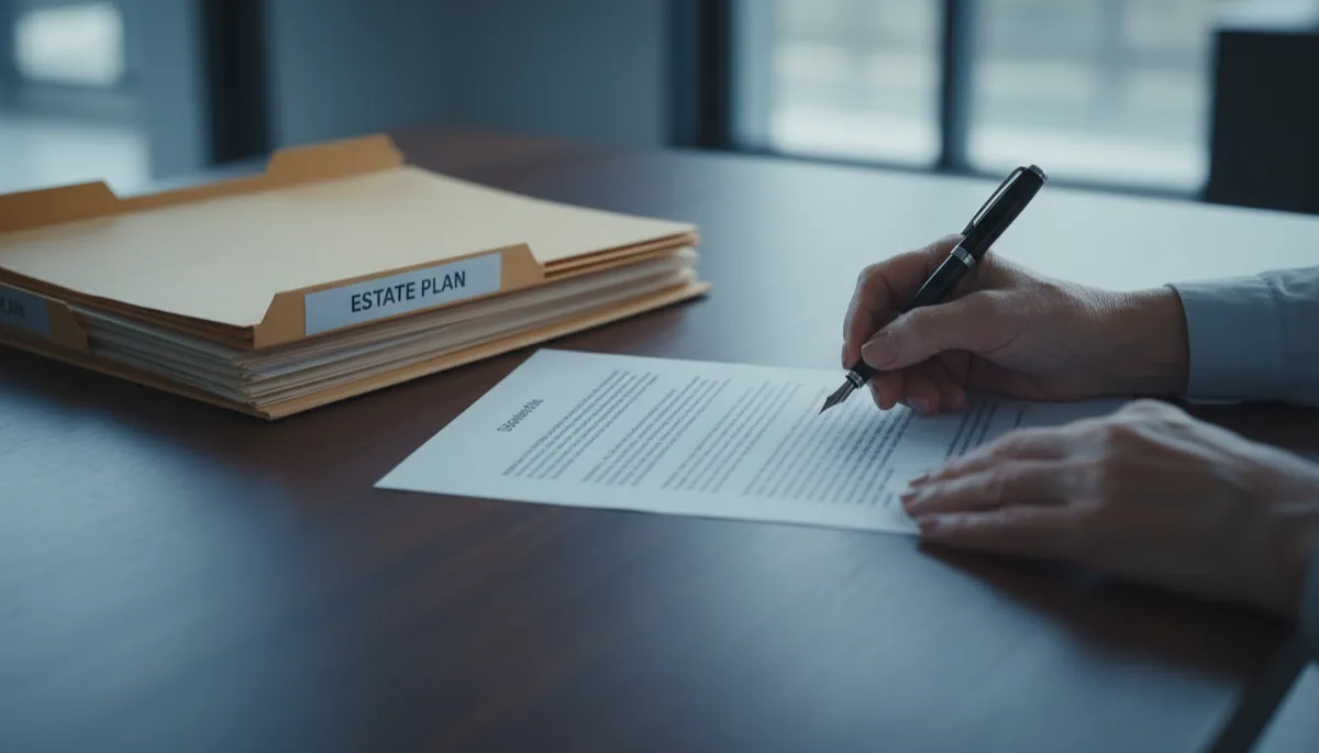 Older adult signing estate planning documents at a desk Older adult signing estate planning documents at a desk