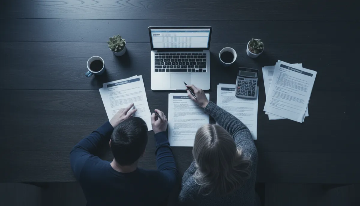 Couple reviewing life insurance documents and financial plans together Couple reviewing life insurance documents and financial plans together