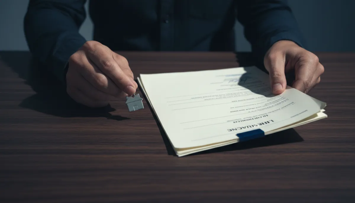 House key resting on life insurance documents symbolizing debt protection House key resting on life insurance documents symbolizing debt protection