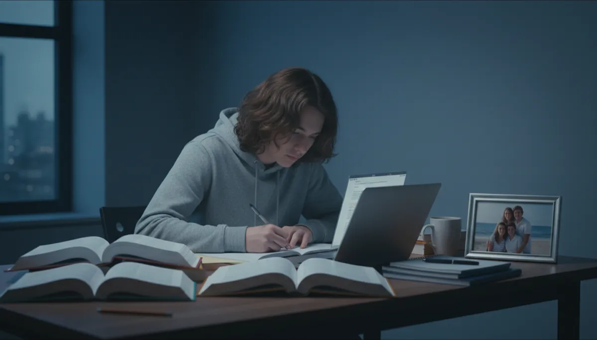 Teenager studying with a family photo nearby representing education security Teenager studying with a family photo nearby representing education security