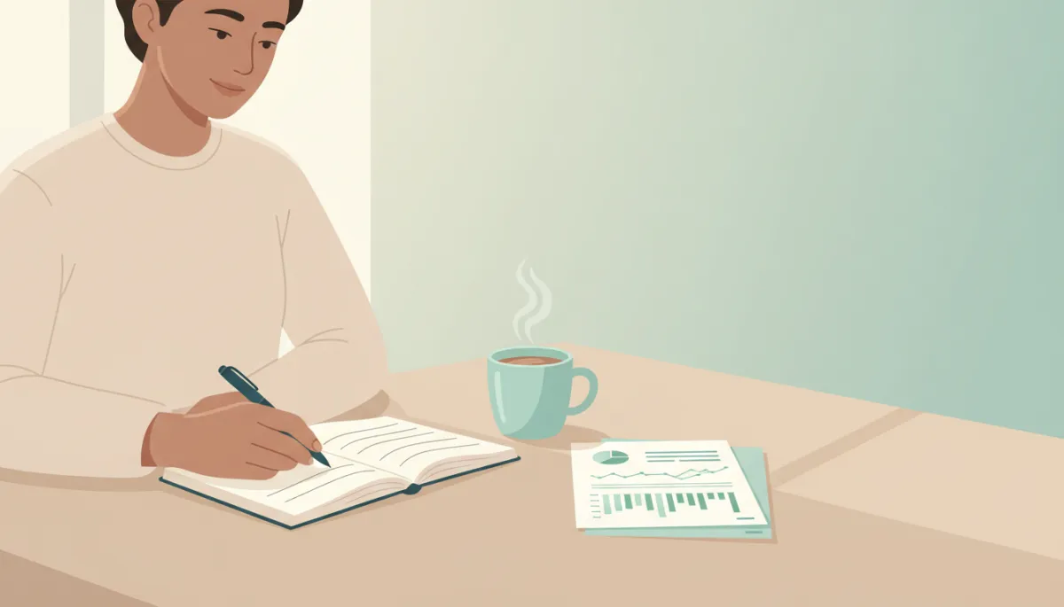 Person reflecting with journal and lab results as part of holistic fatigue assessment Person reflecting with journal and lab results as part of holistic fatigue assessment
