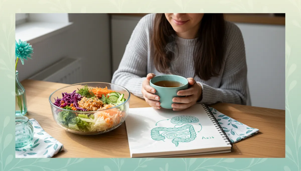 Woman supporting gut health with nourishing foods and reflection