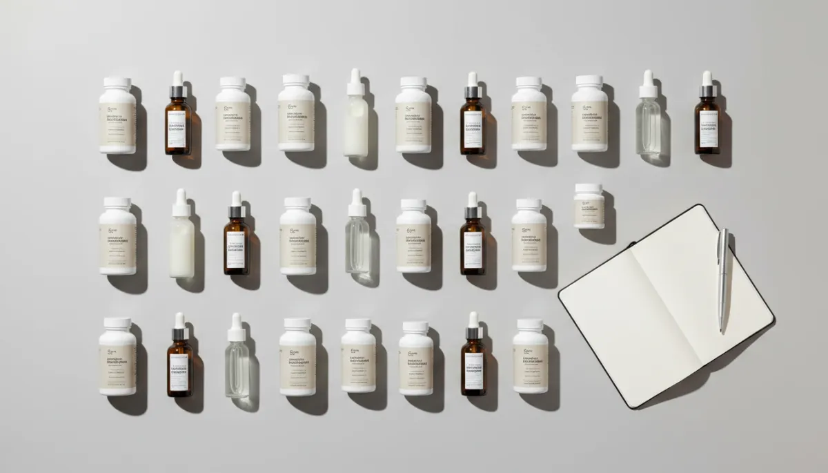 Professional neutral-toned layout of nutraceutical supplements and liposomal droppers