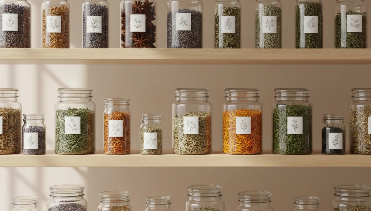Professional display of labeled jars of dried medicinal herbs