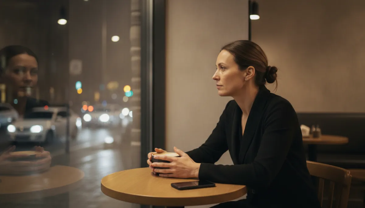 Expat professional sitting alone at a café table by a window at night Expat professional sitting alone at a café table by a window at night