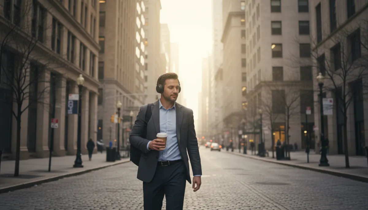 Expat professional walking alone on a calm early-morning city street with coffee Expat professional walking alone on a calm early-morning city street with coffee