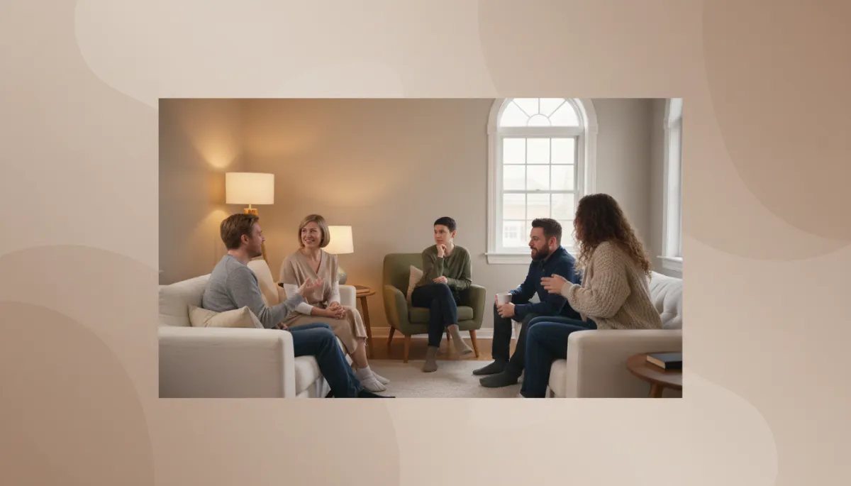Small living room gathering where one expat sits slightly apart, observing others Small living room gathering where one expat sits slightly apart, observing others