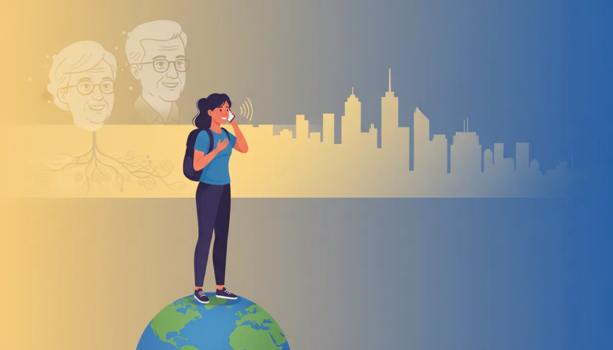 Person on video call with parent, city skyline at dusk