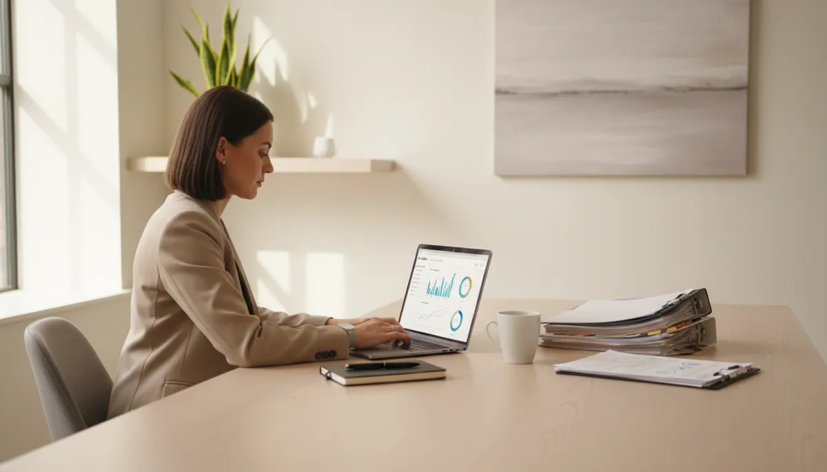 Loan officer reviewing digital files and home value analytics on a laptop