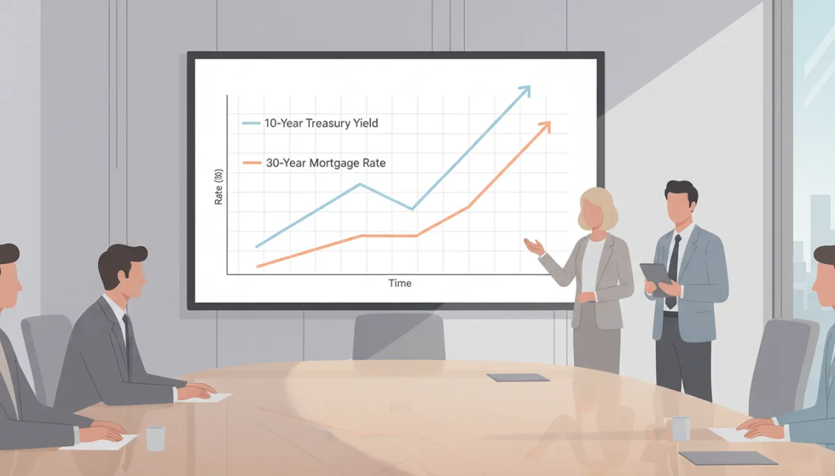 Real estate and mortgage professionals reviewing a chart of Treasury yields and mortgage rates Real estate and mortgage professionals reviewing a chart of Treasury yields and mortgage rates