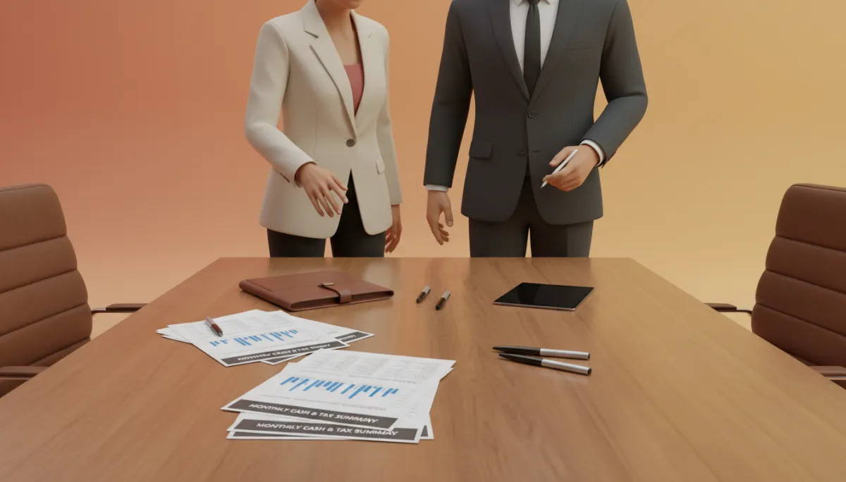 Owner and advisor reviewing monthly cash and tax summary in a meeting