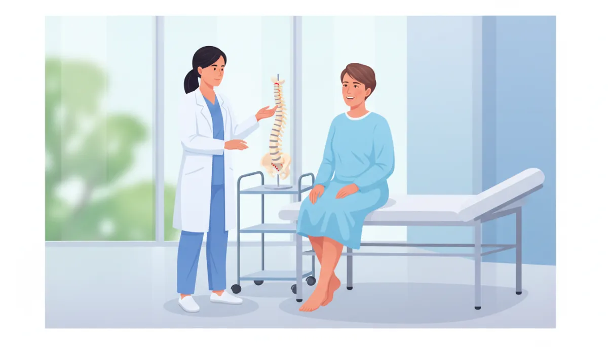 Middle-aged person sitting on edge of medical treatment table, smiling with relaxed posture while a clinician reviews spine model nearby, bright modern clinic setting Middle-aged person sitting on edge of medical treatment table, smiling with relaxed posture while a clinician reviews spine model nearby, bright modern clinic setting