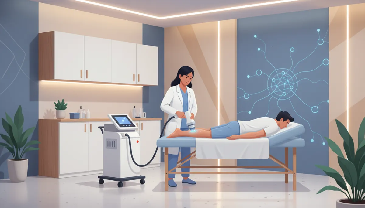 Modern treatment room at a pain relief clinic where a clinician is using a handheld shockwave therapy device on a patient’s lower leg, calm and professional setting with soft lighting and clean equipment
