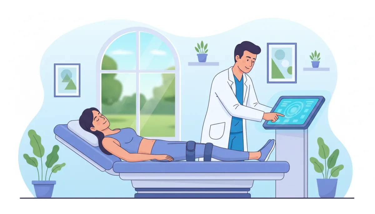 Patient lying comfortably on a modern spinal decompression table in a bright chiropractic clinic, clinician adjusting settings on a digital control panel, calm and reassuring environment