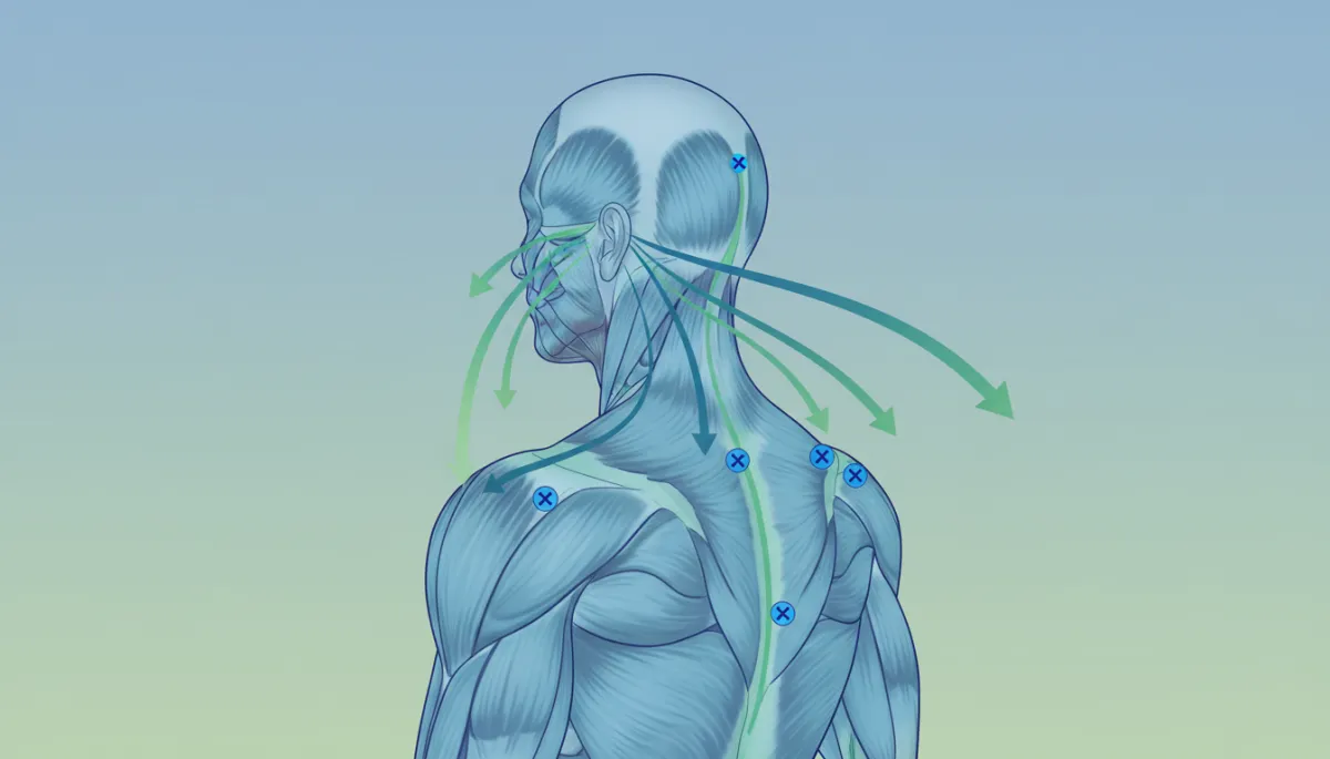 A modern, informative medical illustration showing myofascial trigger points in the neck and shoulder muscles, with arrows indicating referred pain pathways to the head and face. The style should be clean, clear, and use a blue and green accent palette to match the article's branding.
