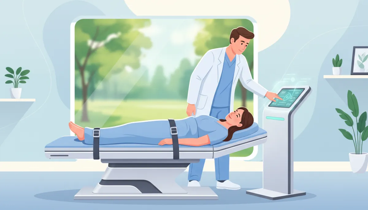 Patient lying comfortably on a spinal decompression table in a modern chiropractic clinic, clinician adjusting settings on a digital control panel, soft natural light, calm and reassuring environment