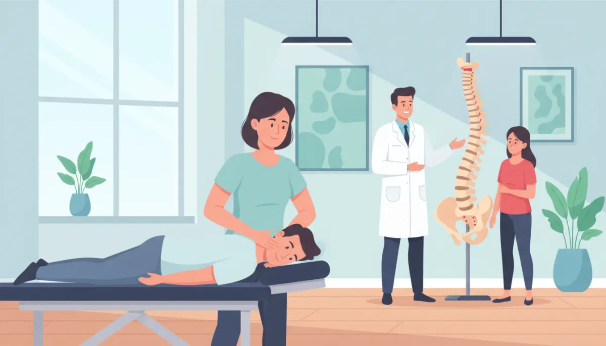 Patient receiving gentle chiropractic neck adjustment in a bright modern clinic, chiropractor explaining spine model in background, calm and reassuring atmosphere